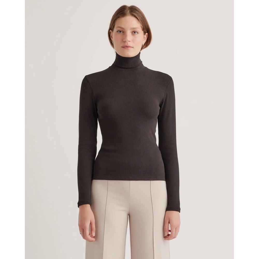 Quince Womens Organic Cotton Micro Rib Turtleneck Long Sleeve Top Black XS NWT